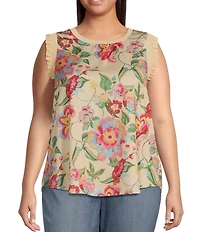 Skies Are Blue Plus Floral Ribbed Ruffled Tank Top
