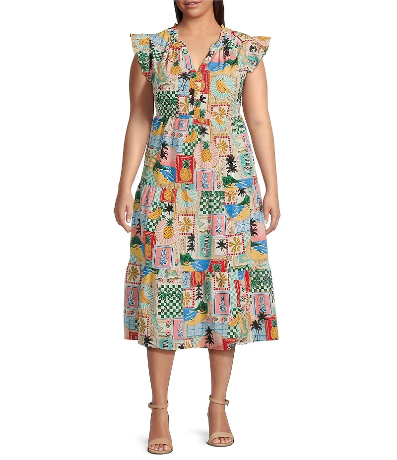 Skies Are Blue Plus Flutter Sleeve Printed Midi Dress