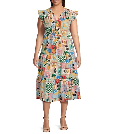 Skies Are Blue Plus Flutter Sleeve Printed Midi Dress