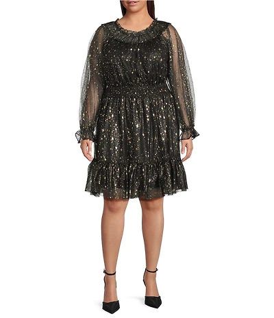 Skies Are Blue Plus Foil Star Print Round Neck Long Sleeve Mesh Tiered Dress