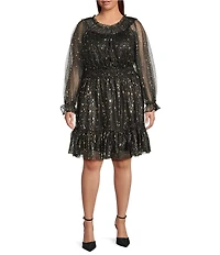 Skies Are Blue Plus Foil Star Print Round Neck Long Sleeve Mesh Tiered Dress