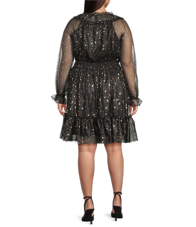 Skies Are Blue Plus Foil Star Print Round Neck Long Sleeve Mesh Tiered Dress