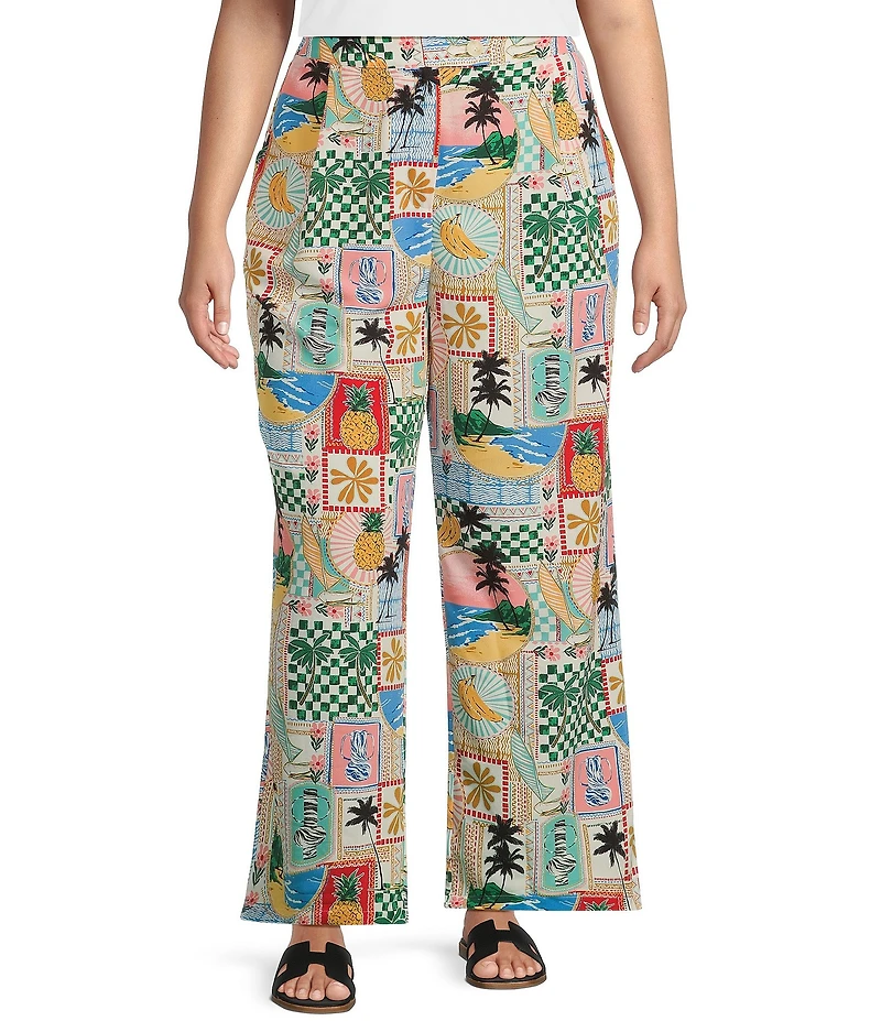 Skies Are Blue Plus High Rise Postcard Printed Coordinating Wide Leg Pants