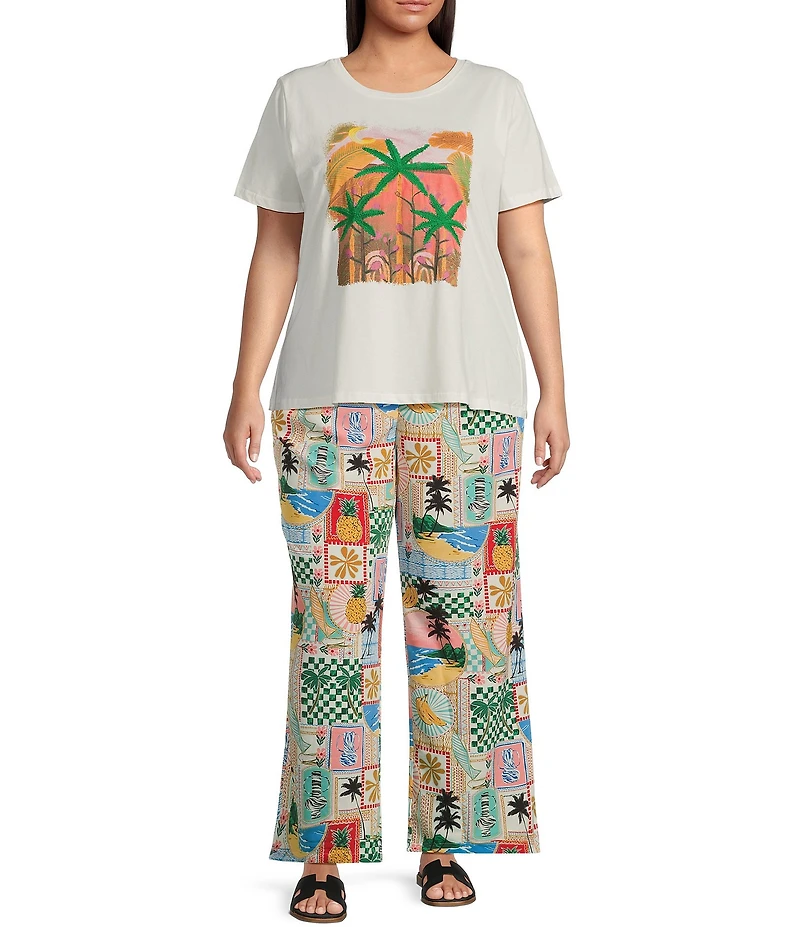 Skies Are Blue Plus High Rise Postcard Printed Coordinating Wide Leg Pants