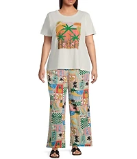 Skies Are Blue Plus High Rise Postcard Printed Coordinating Wide Leg Pants