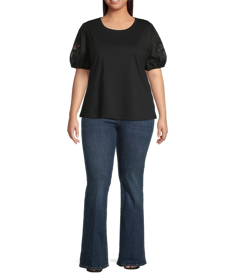Skies Are Blue Plus Size Knit Puff Sleeve Embroidered Top