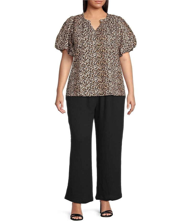 Skies Are Blue Plus Size Leopard Print Poplin Puff Sleeve Top