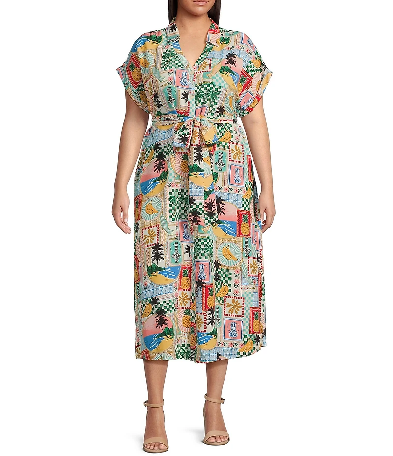 Skies Are Blue Plus Postcard Print Short Sleeve Midi Dress