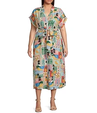 Skies Are Blue Plus Postcard Print Short Sleeve Midi Dress