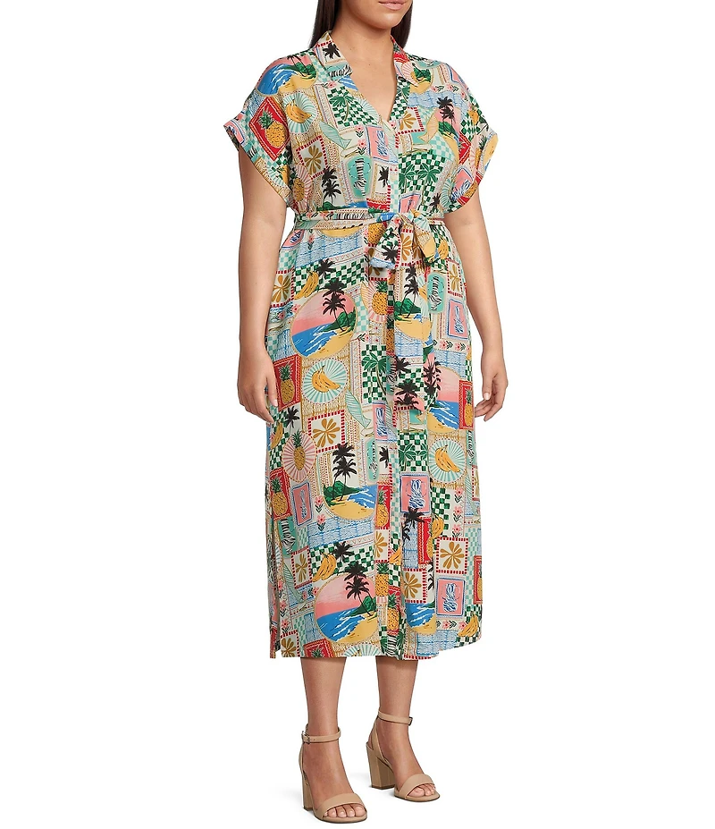 Skies Are Blue Plus Postcard Print Short Sleeve Midi Dress