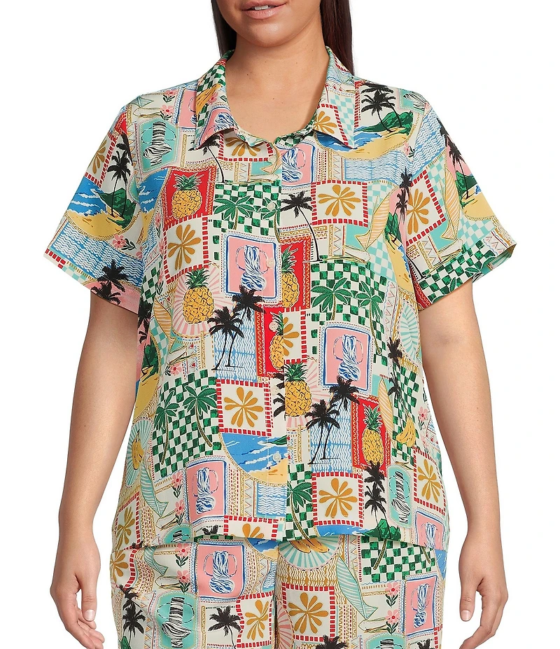 Skies Are Blue Plus Postcard Printed Short Sleeve Woven Coordinating Shirt