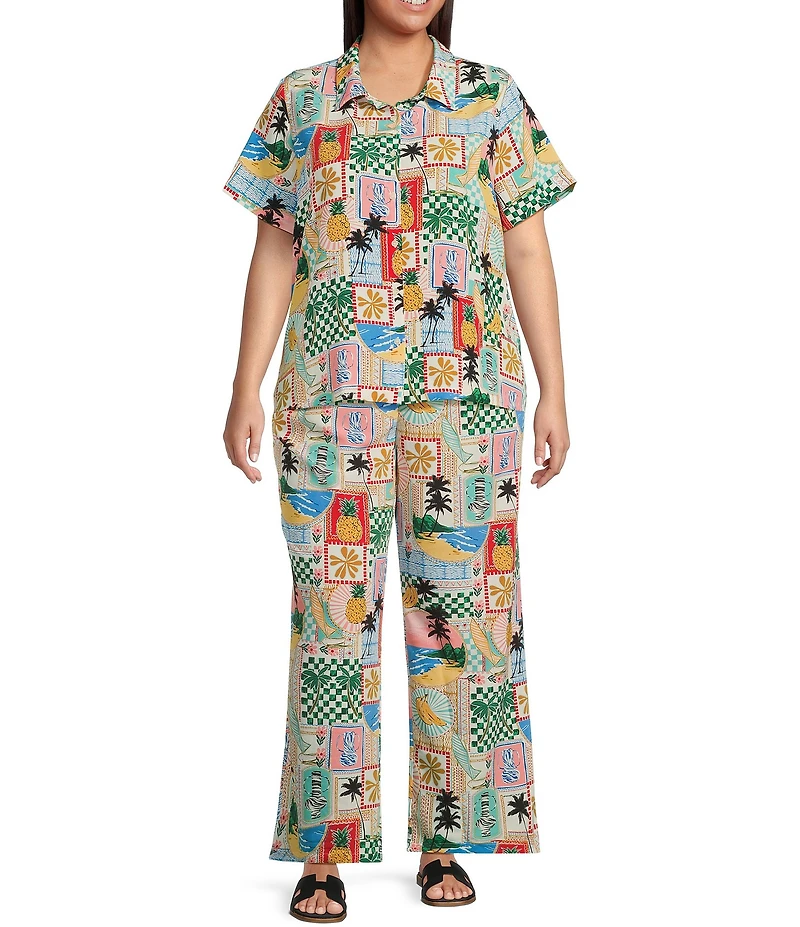 Skies Are Blue Plus Postcard Printed Short Sleeve Woven Coordinating Shirt