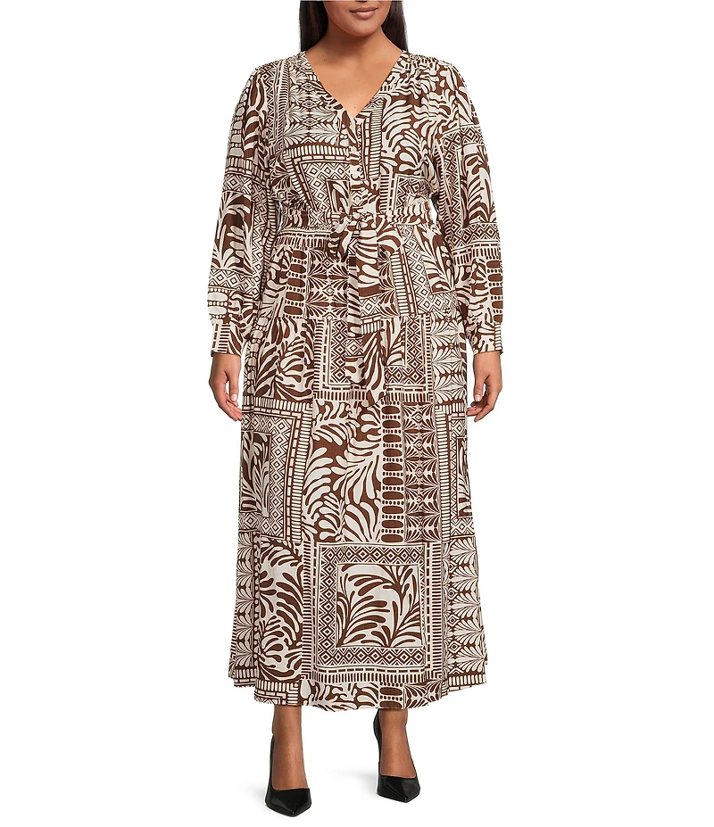 Skies Are Blue Plus Printed V-Neck Long Sleeve Tie-Waist Maxi Dress