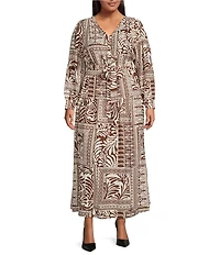 Skies Are Blue Plus Printed V-Neck Long Sleeve Tie-Waist Maxi Dress