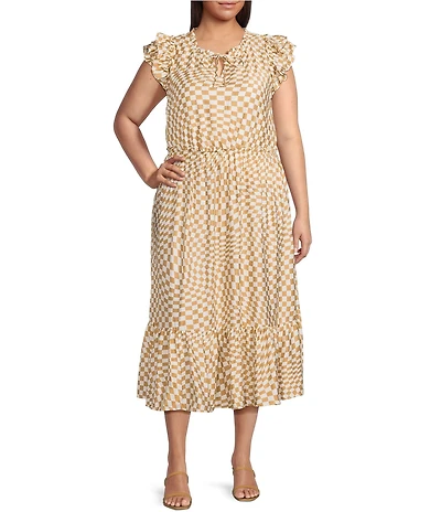Skies Are Blue Plus Size Ruffle Checkerboard Midi Dress