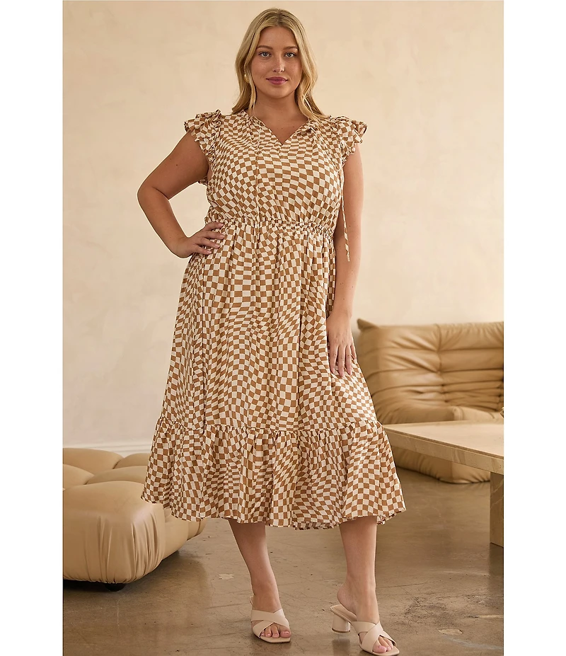 Skies Are Blue Plus Size Ruffle Checkerboard Midi Dress