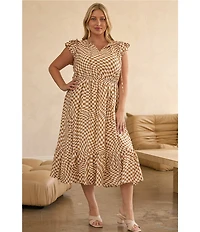 Skies Are Blue Plus Size Ruffle Checkerboard Midi Dress