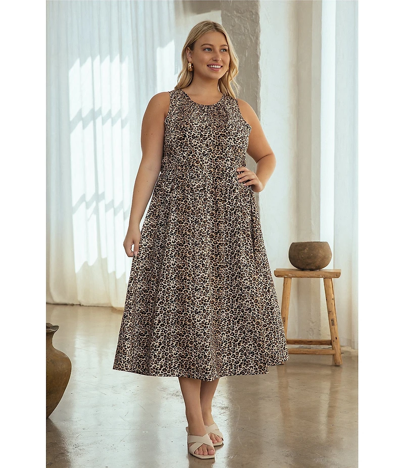 Skies Are Blue Plus Size Animal Printed Sleeveless Drop Waist Poplin Midi Dress
