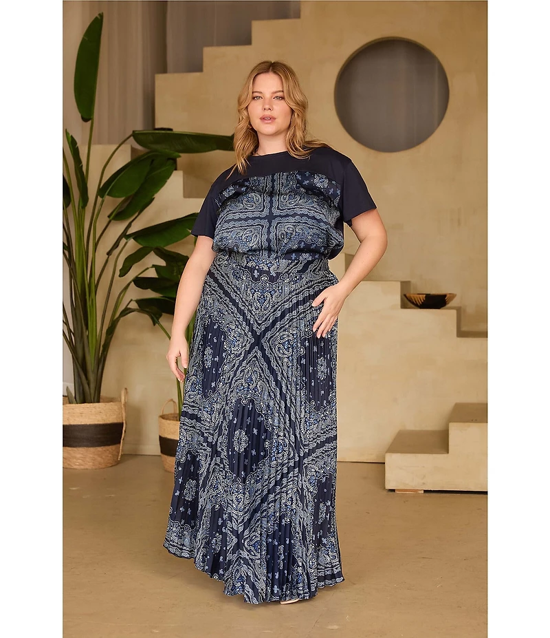 Skies Are Blue Plus Size Bandana Print High Rise Pleated Maxi Skirt