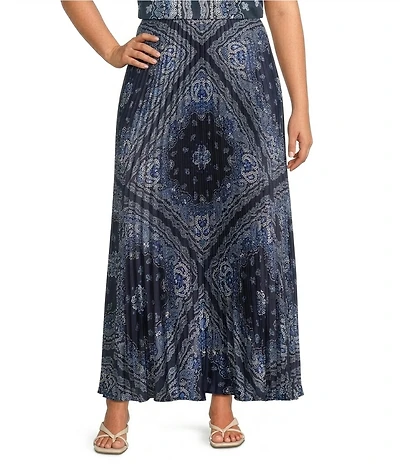 Skies Are Blue Plus Size Bandana Print High Rise Pleated Maxi Skirt