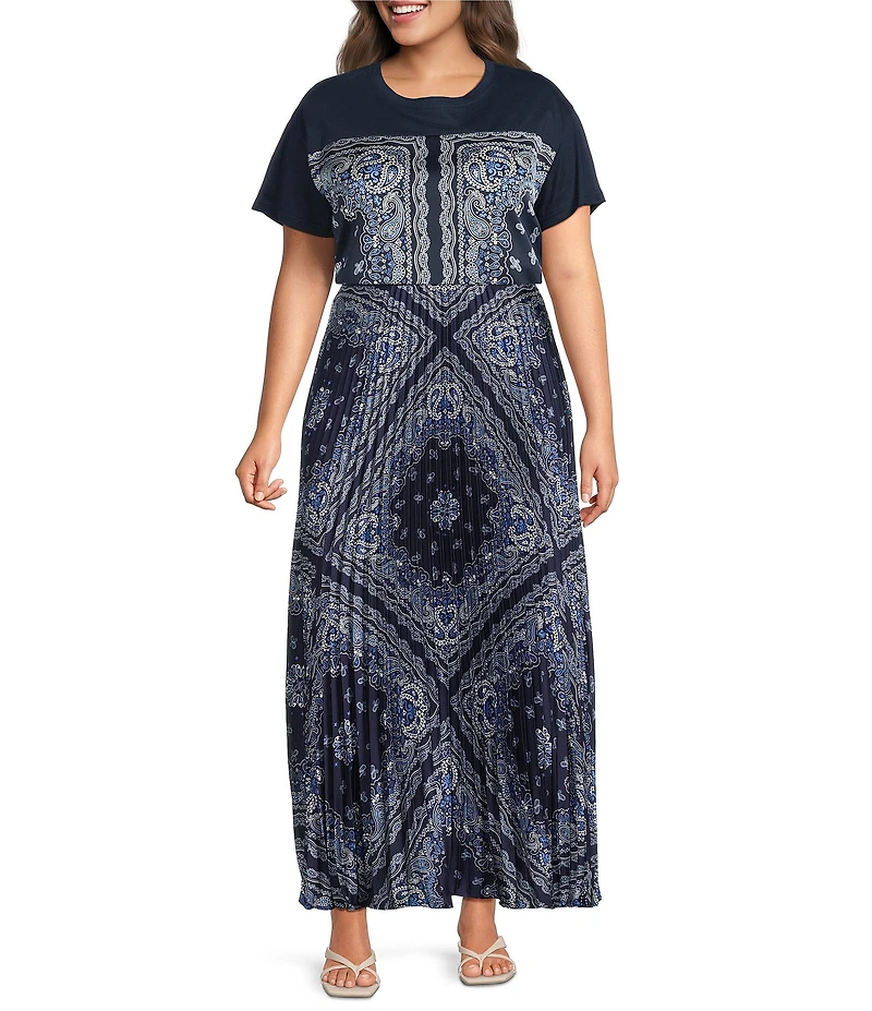 Skies Are Blue Plus Size Bandana Print High Rise Pleated Maxi Skirt