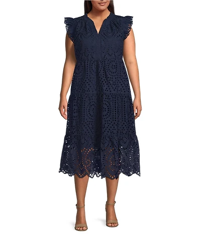 Skies Are Blue Plus Size Border Eyelet Tiered Midi Dress