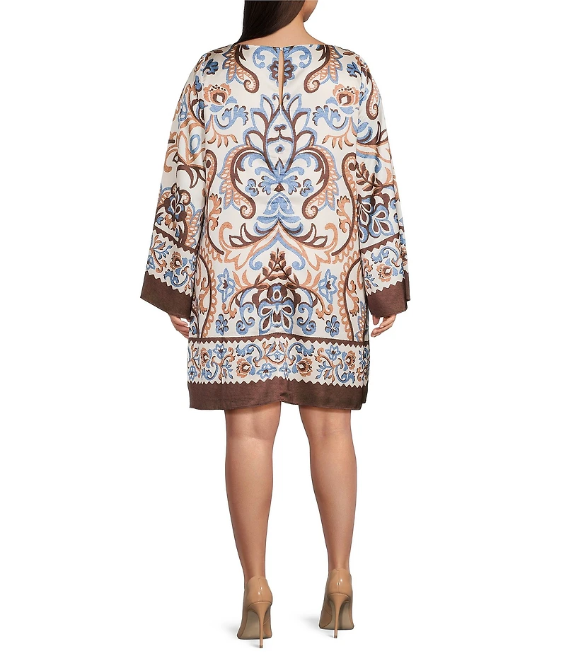 Skies Are Blue Plus Size Border Print Bell Sleeve Mini Shift Dress