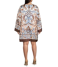 Skies Are Blue Plus Size Border Print Bell Sleeve Mini Shift Dress