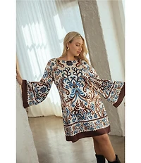 Skies Are Blue Plus Size Border Print Bell Sleeve Mini Shift Dress