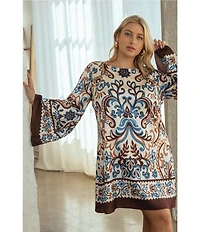 Skies Are Blue Plus Size Border Print Bell Sleeve Mini Shift Dress