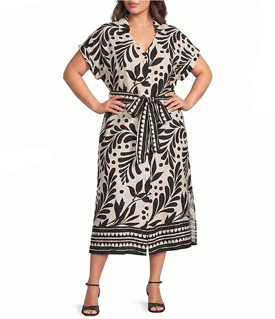 Skies Are Blue Plus Size Border Print Collard V-Neck Short Sleeve Button Front Midi Dress
