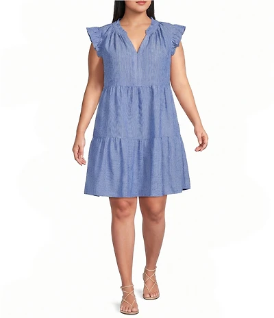 Skies Are Blue Plus Size Chambray Lurex Stripe V-Neck Ruffle Sleeve Tiered A-Line Mini Dress