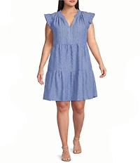 Skies Are Blue Plus Size Chambray Lurex Stripe V-Neck Ruffle Sleeve Tiered A-Line Dress