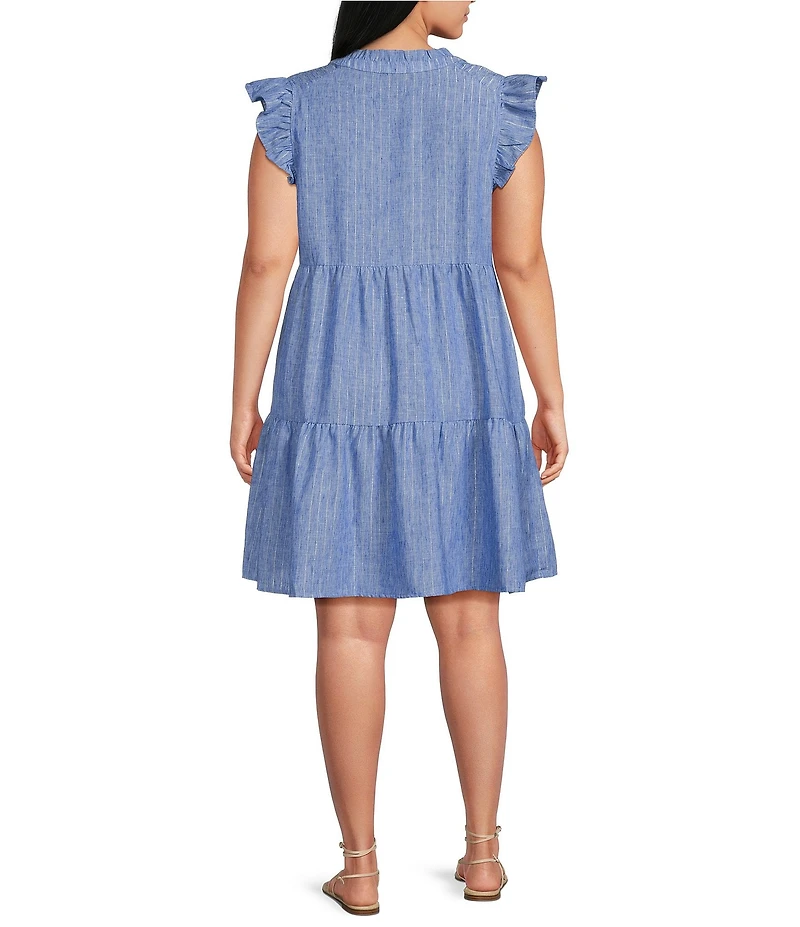 Skies Are Blue Plus Size Chambray Lurex Stripe V-Neck Ruffle Sleeve Tiered A-Line Dress
