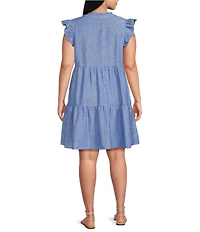 Skies Are Blue Plus Size Chambray Lurex Stripe V-Neck Ruffle Sleeve Tiered A-Line Dress