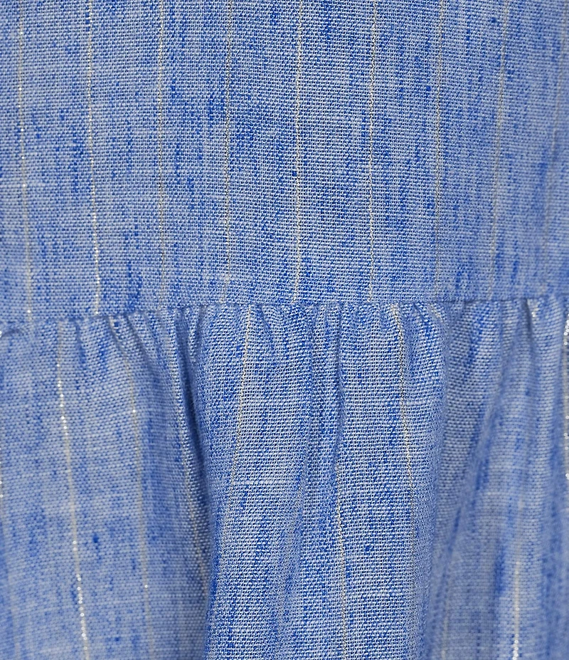 Skies Are Blue Plus Size Chambray Lurex Stripe V-Neck Ruffle Sleeve Tiered A-Line Dress