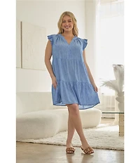 Skies Are Blue Plus Size Chambray Lurex Stripe V-Neck Ruffle Sleeve Tiered A-Line Dress