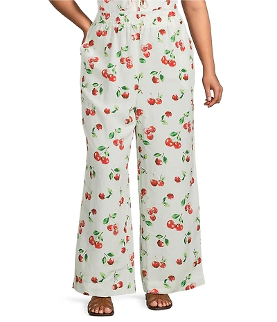 Skies Are Blue Plus Size Cherry Print Linen Blend High Rise Wide Leg Coordinating Pants