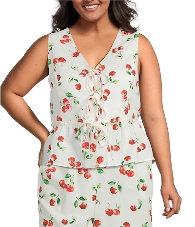 Skies Are Blue Plus Size Cherry Print V-Neck Sleeveless Tie Front Coordinating Top