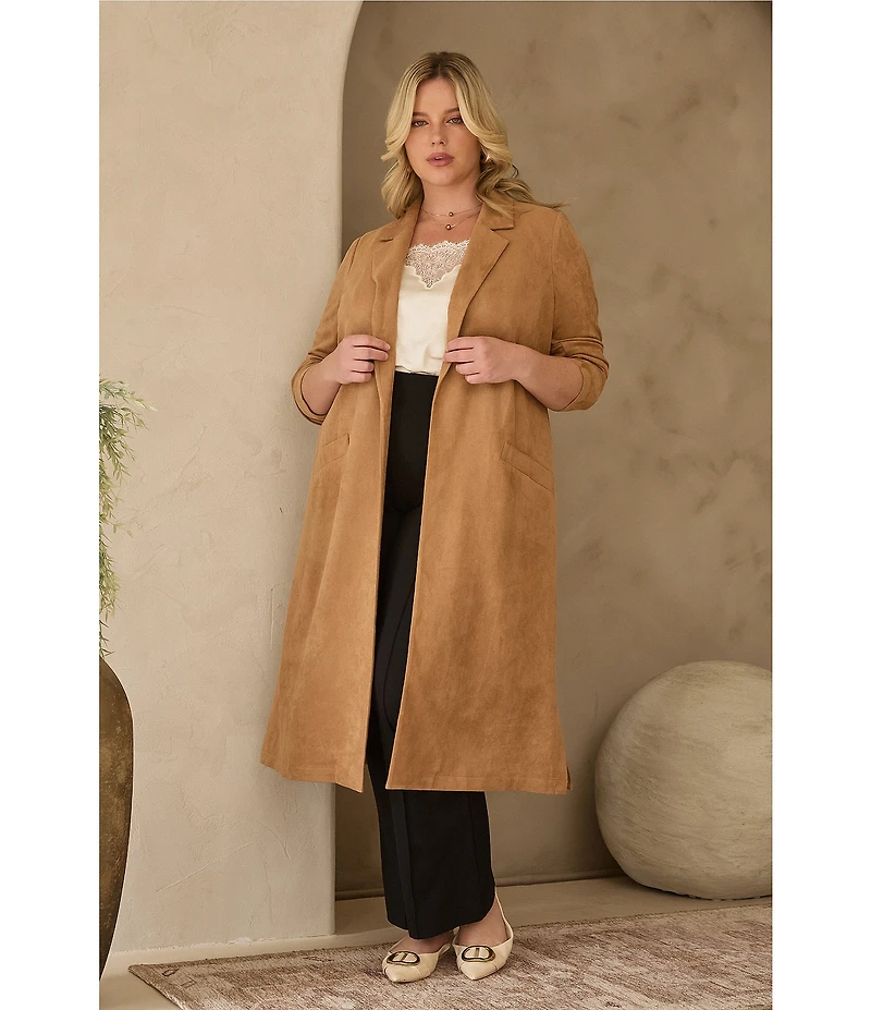 Skies Are Blue Plus Size Collared Long Sleeve Faux Suede Duster Jacket