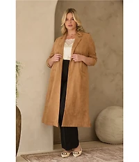 Skies Are Blue Plus Size Collared Long Sleeve Faux Suede Duster Jacket