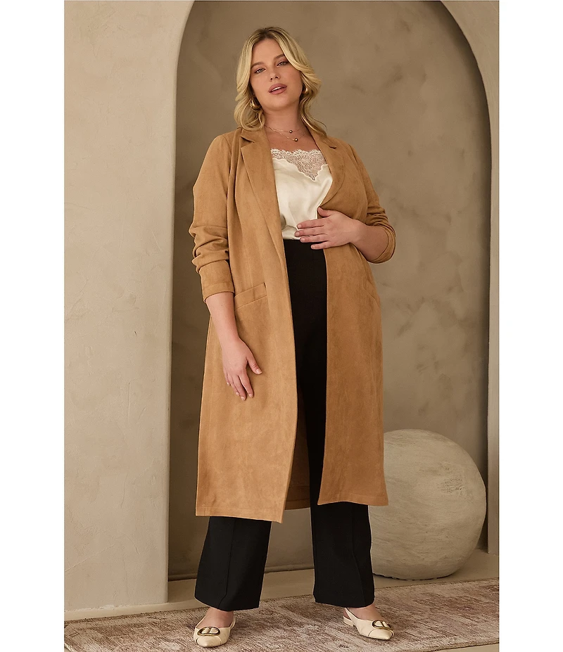 Skies Are Blue Plus Size Collared Long Sleeve Faux Suede Duster Jacket