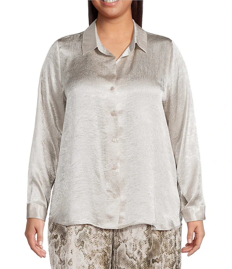 Skies Are Blue Plus Size Collared V-Neck Long Sleeve Crinkled Satin Button Down Blouse