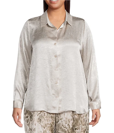 Skies Are Blue Plus Size Collared V-Neck Long Sleeve Crinkled Satin Button Down Blouse