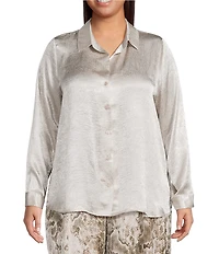 Skies Are Blue Plus Size Collared V-Neck Long Sleeve Crinkled Satin Button Down Blouse