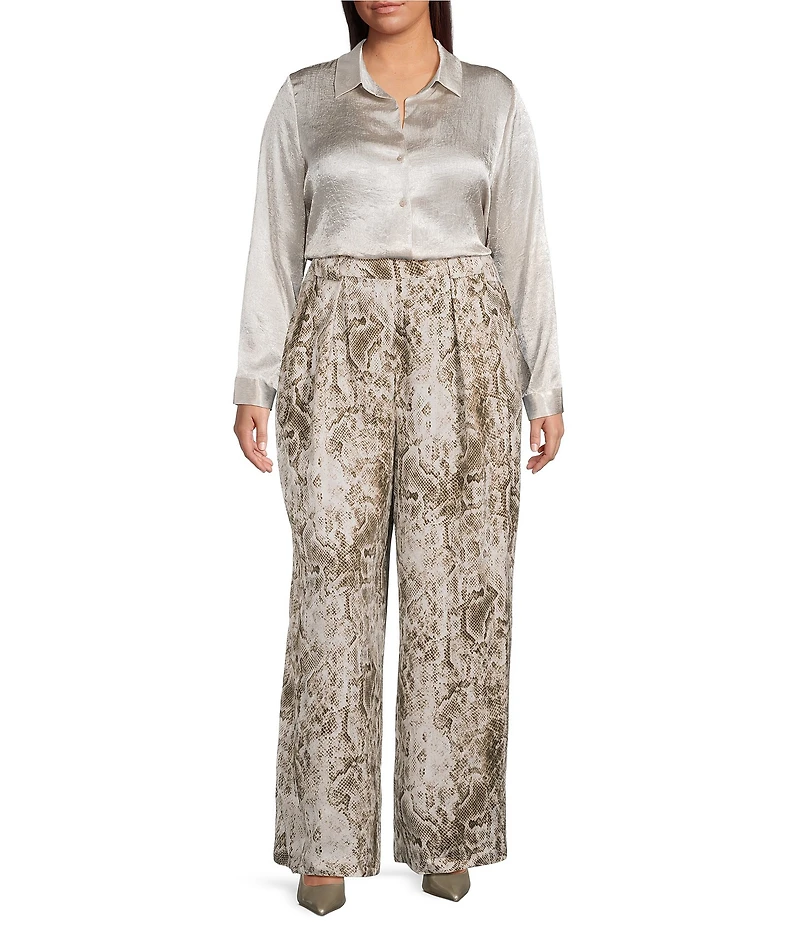 Skies Are Blue Plus Size Collared V-Neck Long Sleeve Crinkled Satin Button Down Blouse