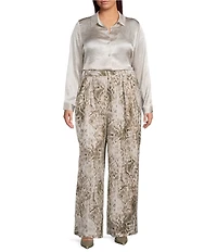 Skies Are Blue Plus Size Collared V-Neck Long Sleeve Crinkled Satin Button Down Blouse