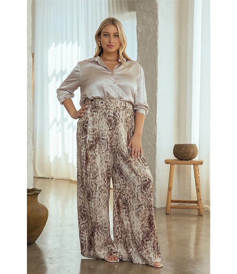 Skies Are Blue Plus Size Collared V-Neck Long Sleeve Crinkled Satin Button Down Blouse