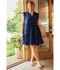 Skies Are Blue Plus Size Contrast Stitch Tiered Baby Doll Dress