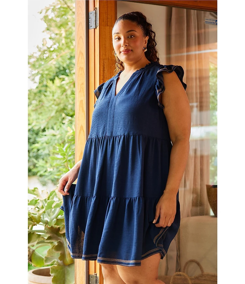 Skies Are Blue Plus Size Contrast Stitch Tiered Baby Doll Dress